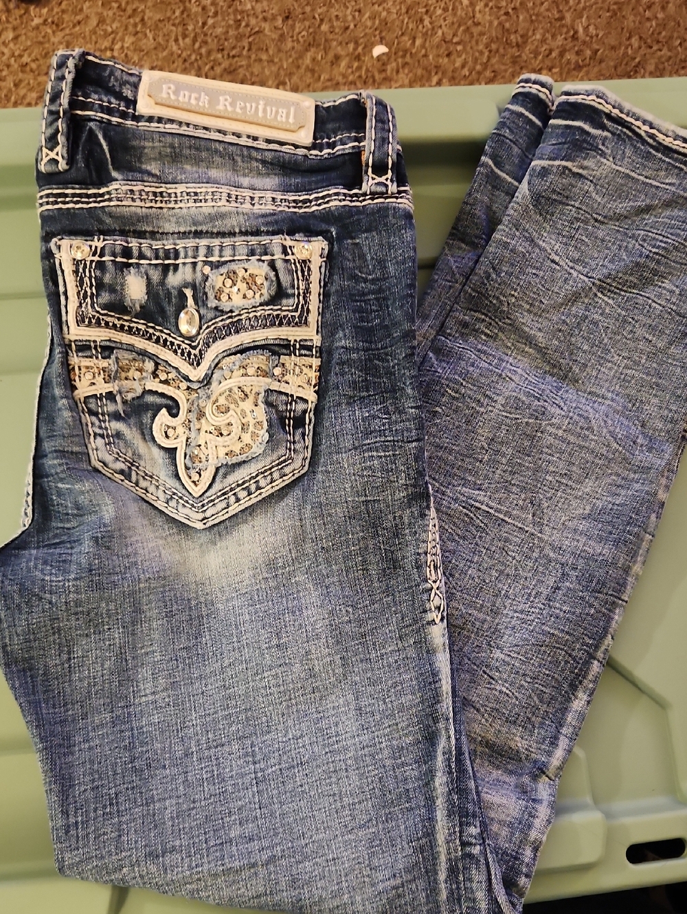 Rock Revival Women's Distressed Blue Wash Skinny Jeans with Embroidered Pocket